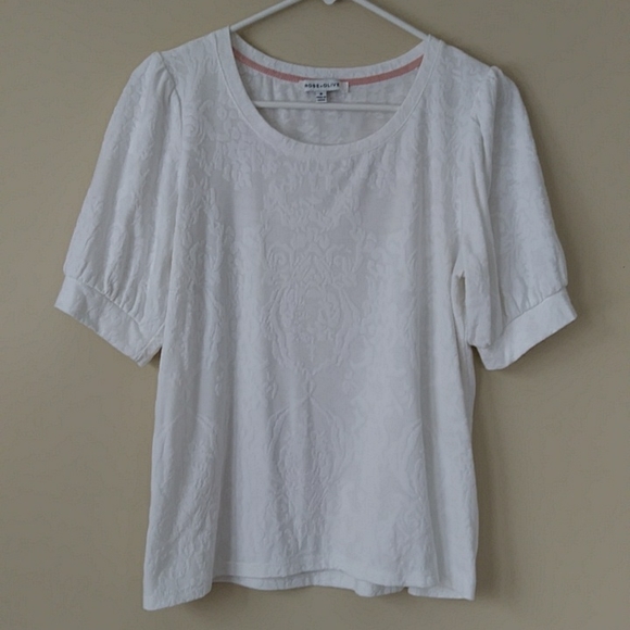 Rose + Olive Pleated Short Sleeve Top M White Pattern - Picture 5 of 16